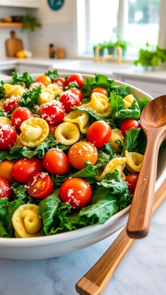 A colorful kale and tortellini salad with cherry tomatoes and Parmesan cheese in a bowl.